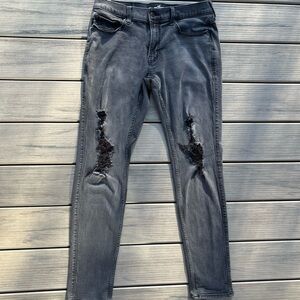 Hollister CA; Deep Grey/Black; Advanced Stretch; Distressed/Ripped Skinny Jeans